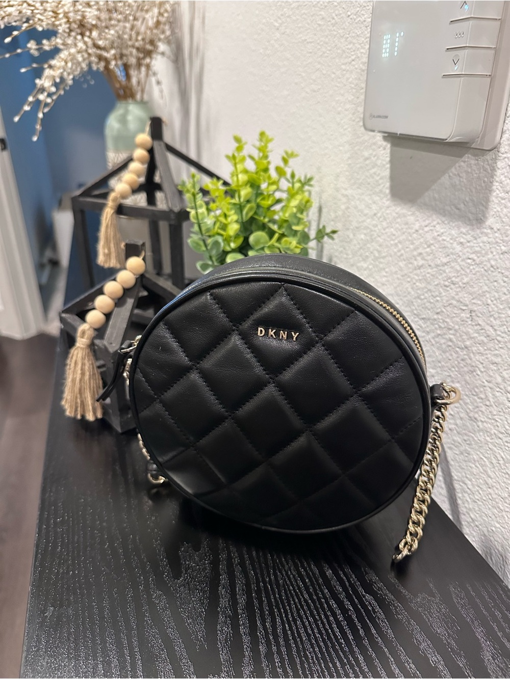 DKNY Black Quilted Round Crossbody with Gold Chain